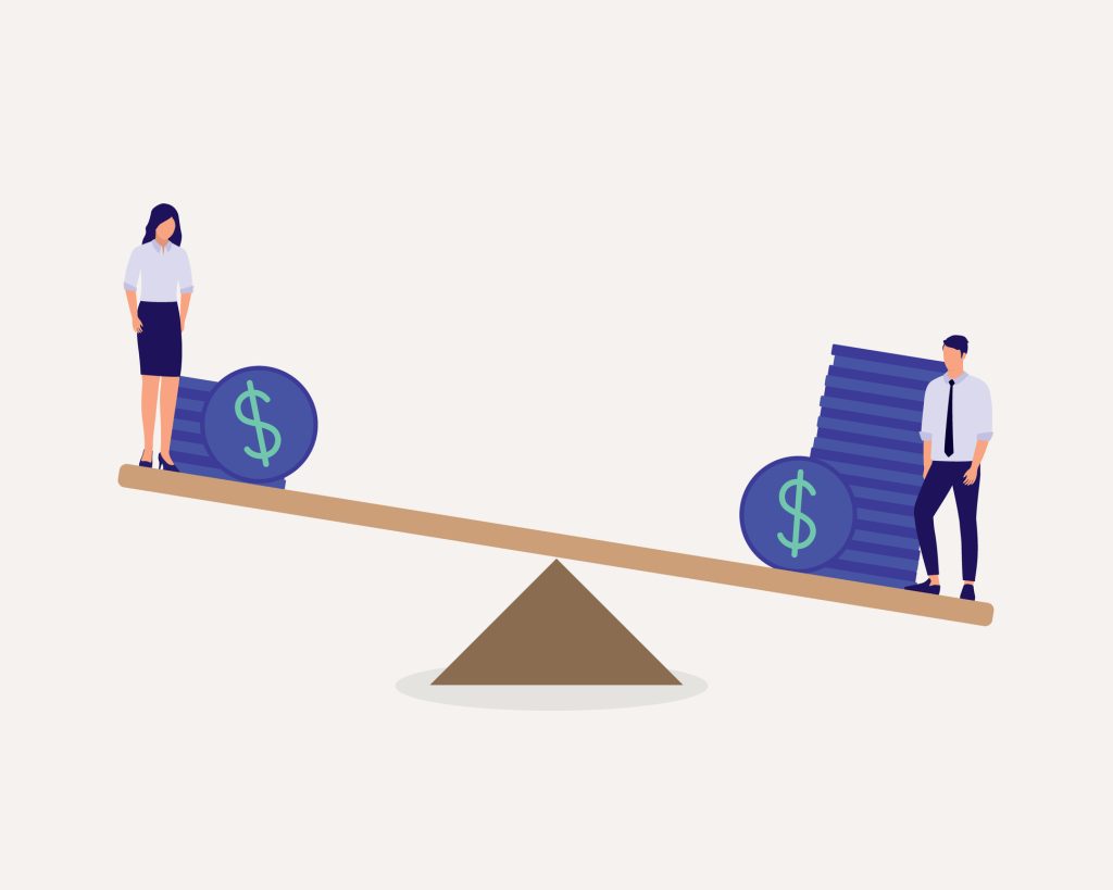 An illustration of a coins on a scale with a man on one side and a woman on the other. The mans side is lower and has more coins than the side with the woman. | Gender Pay Gap Statistics In 2024